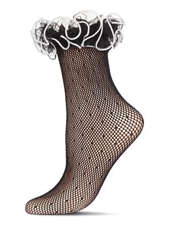 ME MOI - Swiss Dot Ruffly Cuff Sheer Lace Crew Sock BLACK