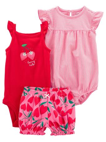 CARTER'S - Cherry 3 Piece Romper And Shorts Set RED