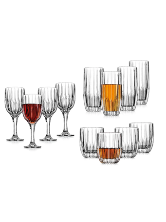 GODINGER - Dublin Crystal 12 Piece Double Old Fashion, Goblet, & Highball Glassware Set CLEAR