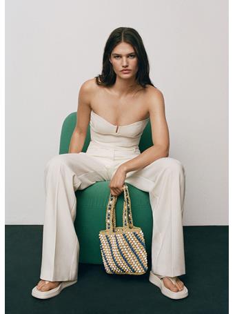 MANGO - Natural Fiber Bag With Beads LIGHT BEIGE