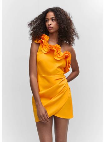MANGO - Asymmetric Ruffled Dress BRIGHT ORANGE