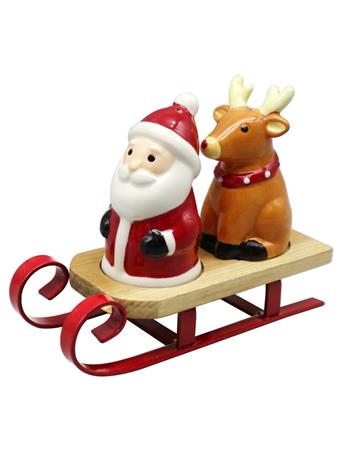 GODINGER - Sleighing Santa and Reindeer Salt and Pepper Shaker Set  RED