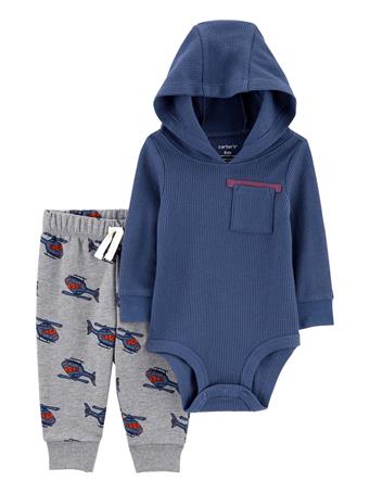 CARTER'S - Baby 2-Piece Thermal Hooded Bodysuit Pant Set BLUE