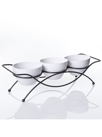 GIBSON - 3-Piece Fine Ceramic Tidbit Dish Set With Metal Stand WHITE