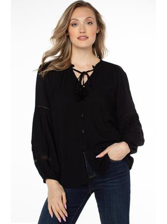 LIVERPOOL LOS ANGELES -Tie Front Popover Shirred Blouse BLACK