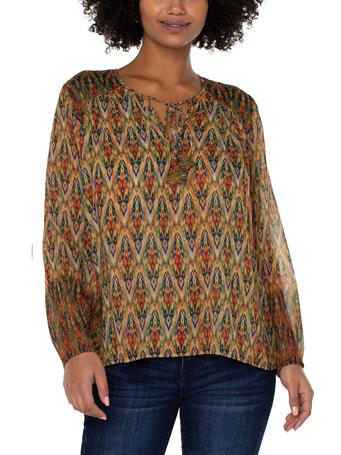 LIVERPOOL JEANS - Long Sleeve Double Layer Tie Front Blouse MULT CR PT IKAT