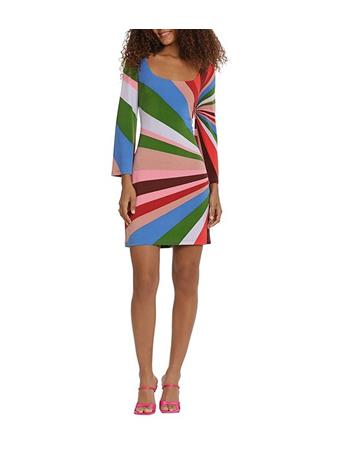 DONNA MORGAN - Printed Matte Jersey Scoop Neckline Long Sleeve Fitted Mini Dress BUBBLE PINK/BLUEBELL
