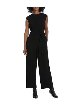 MAGGY LONDON - Stretch Pleated Knit Crepe Crew Neckline Sleeveless Jumpsuit BLACK