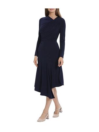 MAGGY LONDON - Stretch Matte Jersey Asymmetrical Neckline Long Sleeve Dress MOONLIGHT NAVY