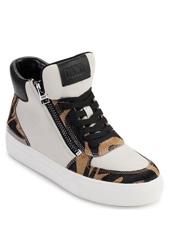DKNY - Cindell High-Top Tiger Print Trim Lace-Up Sneakers PEBBLE/BLACK