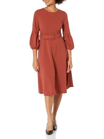 LONDON TIMES - Women's Belted Fit and Flare Pleated Blouson Sleeve Midi Scuba Crepe Dress  SANGRIA