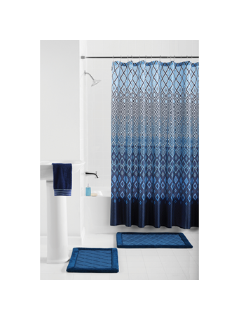 VCNY - Stockholm 15-Piece Geometric Polyester Shower Curtain Set NAVY