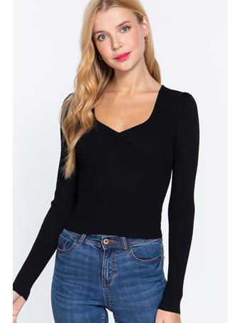 ACTIVE BASIC - Shirring Sweatheart Neck Sweater BLACK