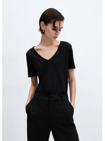 MANGO - V-neck Cotton T-shirt BLACK