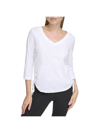 DKNY - V-Neck 3/4 Sleeve Tee with Side Ruching WHITE