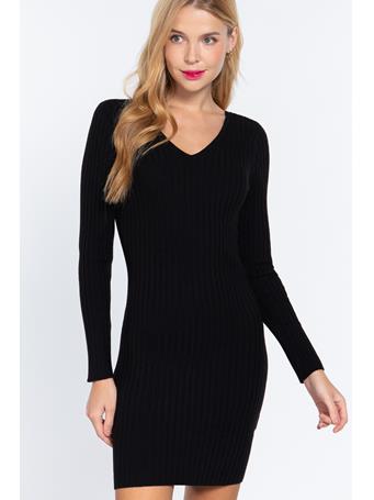 ACTIVE BASIC - Long Sleeve V-Neck Sweater Mini Dress BLACK