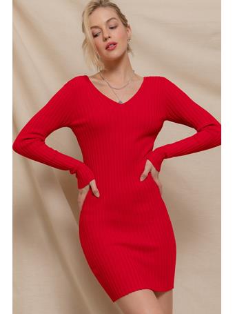 ACTIVE BASIC - Long Sleeve V-Neck Sweater Mini Dress RED