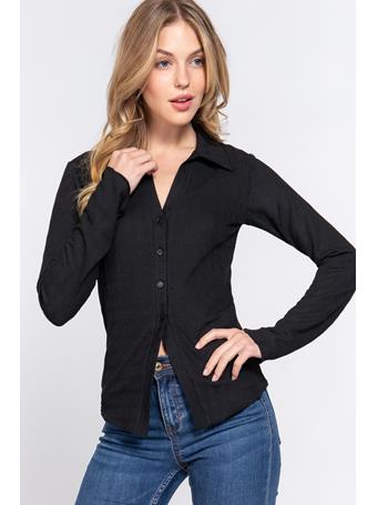 ACTIVE BASIC - Long Sleeve Texture Knit Shirt BLACK