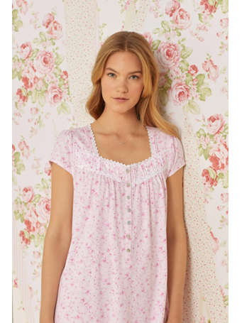 EILEEN WEST - Soft Pink Floral Short Cotton Knit Nightgown PINK FL