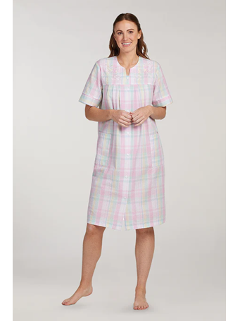 MISS ELAINE - Seersucker Short Robe 685 Pink/Blue/Yellow Plaid