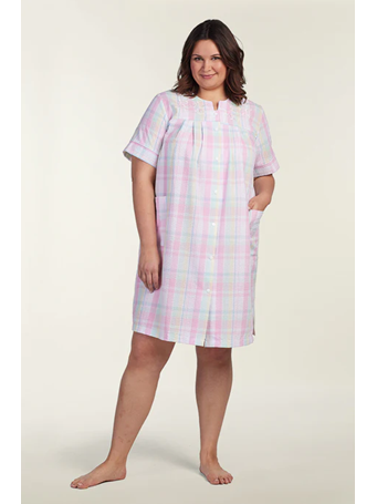 MISS ELAINE - Seersucker Short Robe 685 Pink/Blue/Yellow Plaid