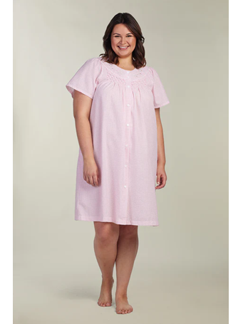 MISS ELAINE  - Seersucker Short Robe 130 Pink/Wht Check