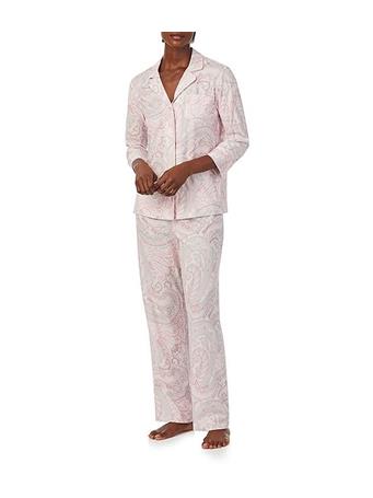 RALPH LAUREN - 3/4 Sleeve Notch Collar Long Pant Knit Paisley Pajama Set BLUSH/PT