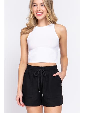 ACTIVE BASIC - Smoked Waist Linen Shorts BLACK