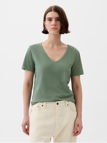 GAP - Organic Cotton Vintage V-Neck T-Shirt LAUREL WREATH GRN 17-6