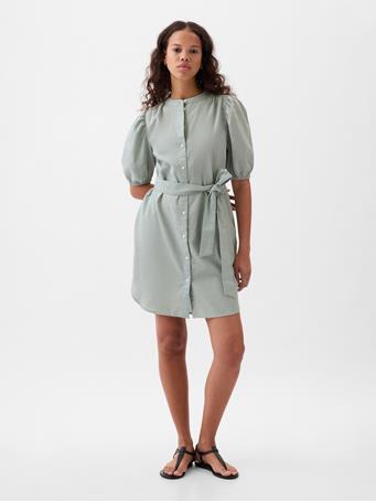 GAP - Linen-Cotton Puff Sleeve Mini Shirtdress FROTHY AQUA