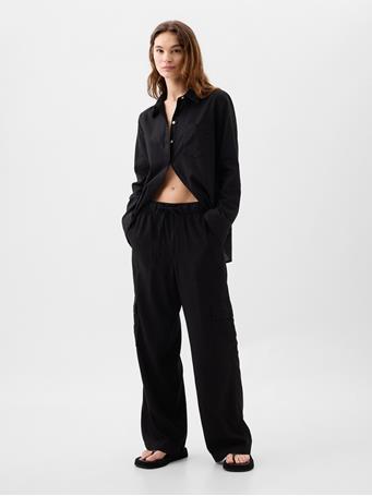 GAP - Linen-Blend Wide-Leg Cargo Pull-On Pants TRUE BLACK