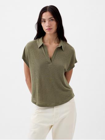 GAP - Linen-Blend Polo Shirt OLIVE GREEN