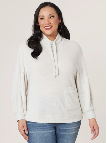 DEMOCRACY - Long Dolman Sleeve Funnel Neck with Ties Banded Plus Size Knit Top HEATHER ECRU