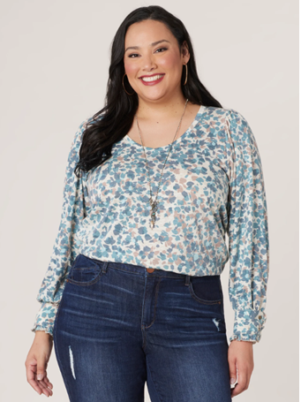 DEMOCRACY - Long Sleeve Wide V-Neck Printed Plus Size Knit Top TEAL MOCHA