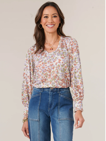 DEMOCRACY - Long Ruffle Button Cuffed Sleeve Wide V-Neck Printed Knit Top WISTERIA MULTI