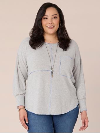 DEMOCRACY - Long Sleeve Scoop Neck Multi Color Seam Plus Size Knit Top with Pocket HEATHER GREY