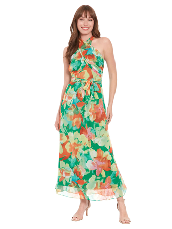 LONDON TIMES - Floral Halter Neck Maxi Drss GREEN MULTI