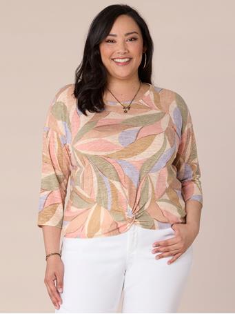 DEMOCRACY - Plus Size Three Quarter Sleeve Scoop Neck Abstract Print Knit Top SAGE MULTI