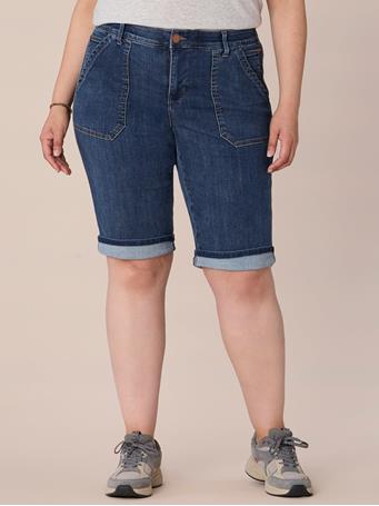DEMOCRACY - "Ab"solution Plus Size Coin Pocket Bermuda Short with Cuffed Hem INDIGO