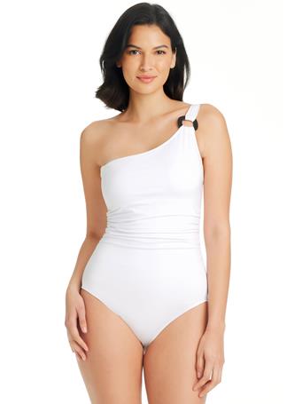 BLEU ROD BEATTIE - Graphic Measures Asymmetrical One Shoulder One Piece Swimsuit WHITE