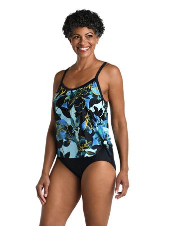 MAXINE HOLLYWOOD - Moonlit Garden Scoop Neck Faux Tankini One Piece BLK