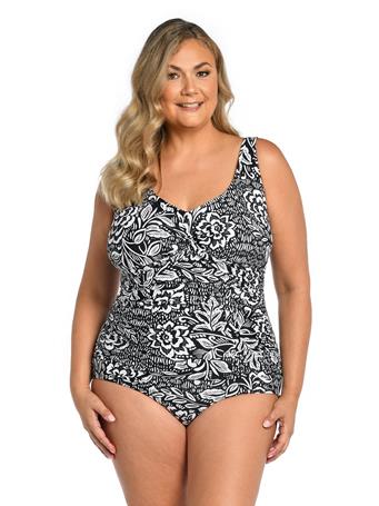MAXINE HOLLYWOOD - Tahitian Tribe Floral Twist Front One Piece (Plus Size) BLK