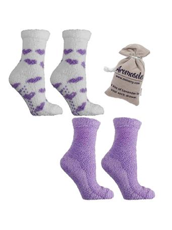 AROMASOLES - 2 Pairs - Non-Skid Chenille Fuzzy Lavender Infused Slipper Socks with Lavender Sachet LAVENDER