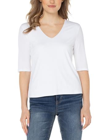 LIVERPOOL JEANS - Double Layer V-Neck Rib Knit Top CREAM