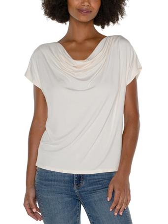 LIVERPOOL - Short Sleeve Draped Cowl Neck Knit Top FRENCH CREAM
