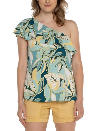LIVERPOOL - One Shoulder Ruffle Printed Woven Top TEAL TROPICAL