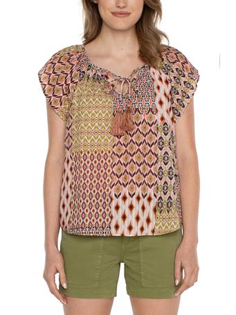 LIVERPOOL JEANS - Woven Top With Front Tie GEO PATCHWORK