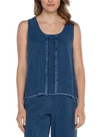 LIVERPOOL - Sleeveless Scoop Neck With Fray Panel INDIGO PINSTRIP