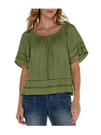 LIVERPOOL - Woven Scoop Neck Short Bell Sleeve Lace Trim Top EUCALYPTUS