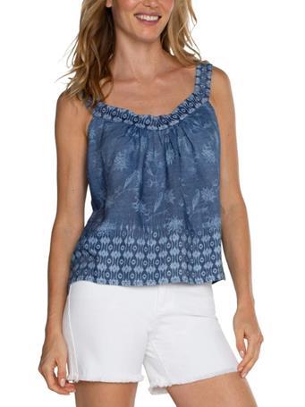 LIVERPOOL - Sleeveless V-Neck Easy Fit Tank With Smocking INDIGO FLORAL